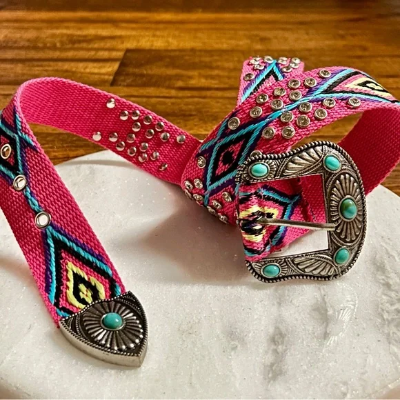 Montana West ~ Medium ~ Pink W/Multi-Colors Aztec ~ Rhinestones/Turquoise Belt - Picture 2 of 16